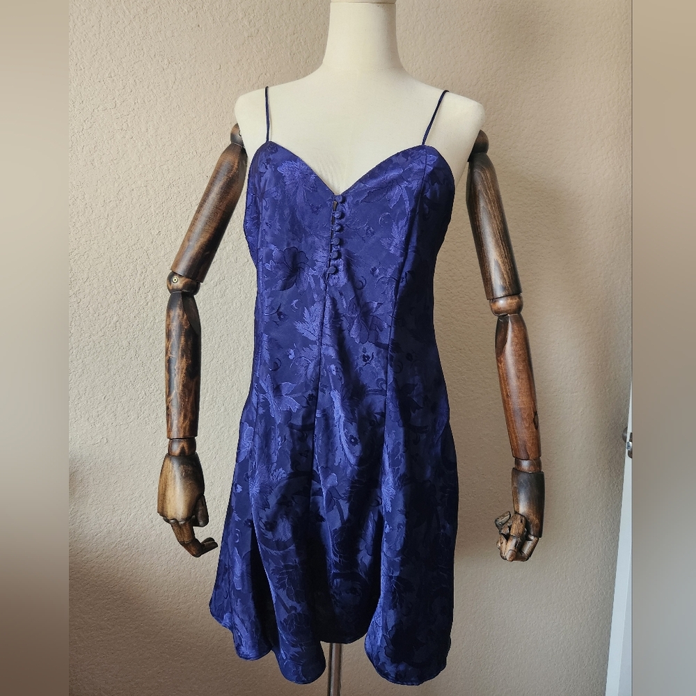 Vintage Kathryn Textured Dark Indigo Floral Satin Button V-neck Slip Dress M